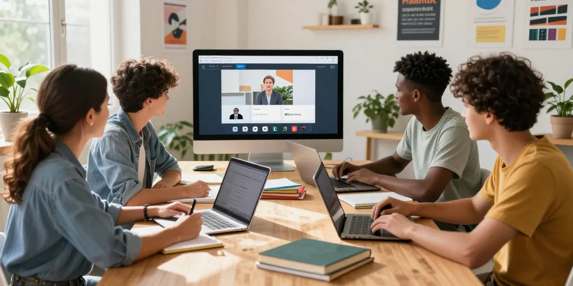 Learn more about online education in a lively study space with students collaborating and engaging in interactive learning.