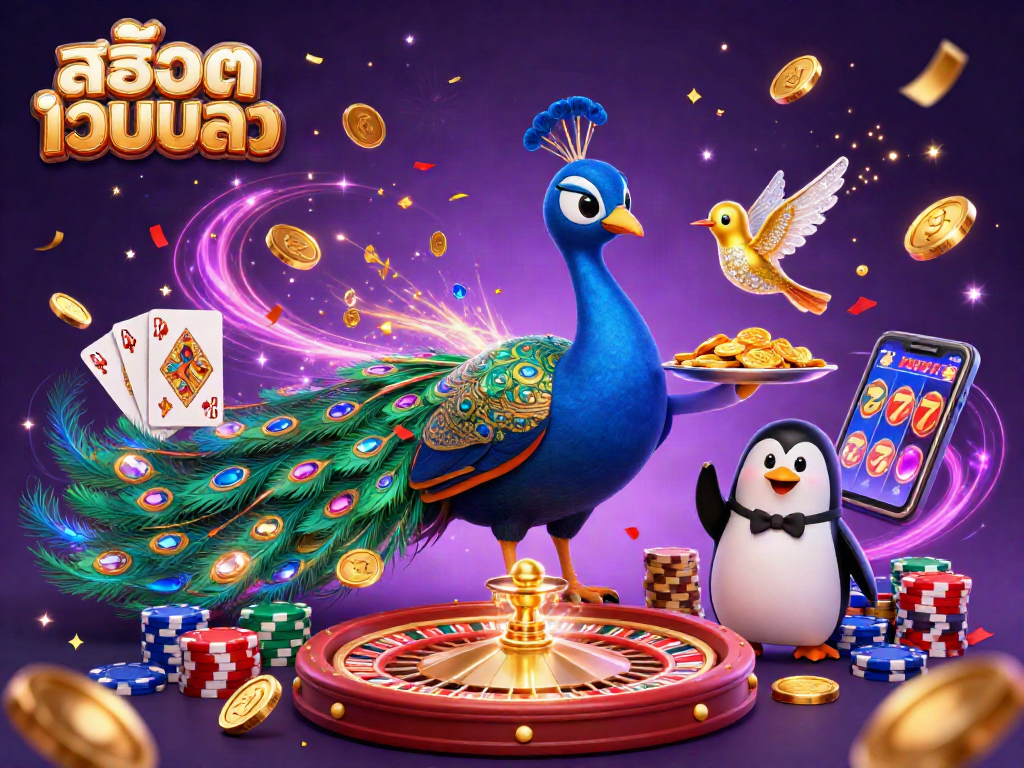 Engage with สล็อตเว็บตรง through a vibrant 3D illustration of playful casino characters celebrating wins.