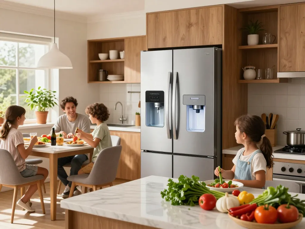 Waterdrop 5231JA2002A Refrigerator Water Filter in a modern kitchen with family cooking.