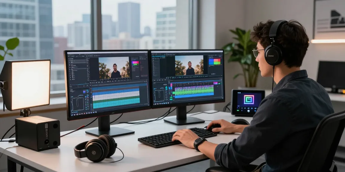 Creative professional generating an ai video prompt in a modern video editing studio.