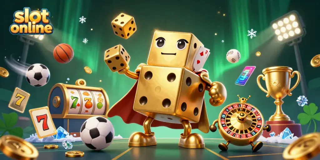 Jelajahi slot online dengan ilustrasi 3D detail tinggi menampilkan simbol slot, dadu emas, dan elemen kasino lainnya.