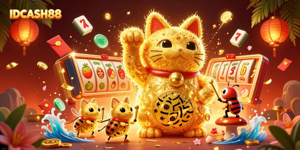 Play and win with IDCASH88's vibrant casino scene featuring lucky symbols.