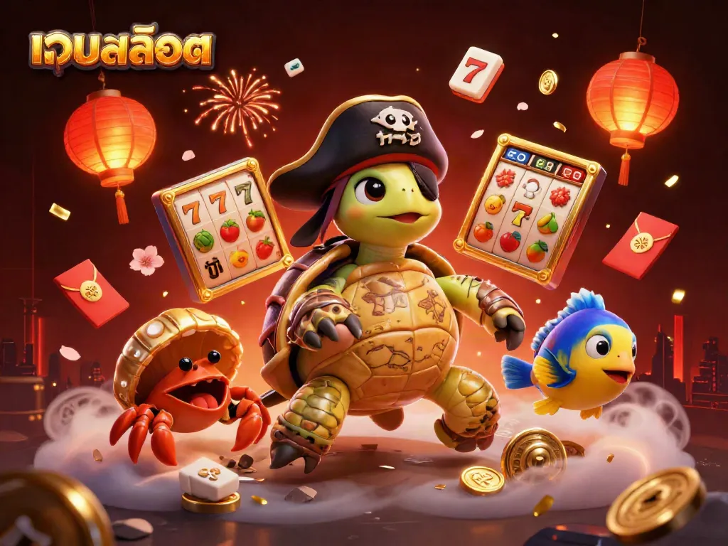 Engage in เว็บสล็อต with a colorful scene of a pirate turtle and lucky symbols emerging from sunken treasure.