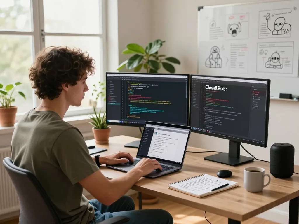 Developer using Clawdbot on dual monitors in a vibrant home office environment.