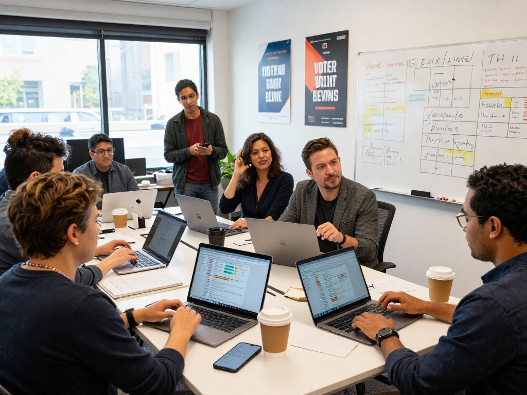 Team strategizing for a political campaign using a campaign text message service in a collaborative office environment.