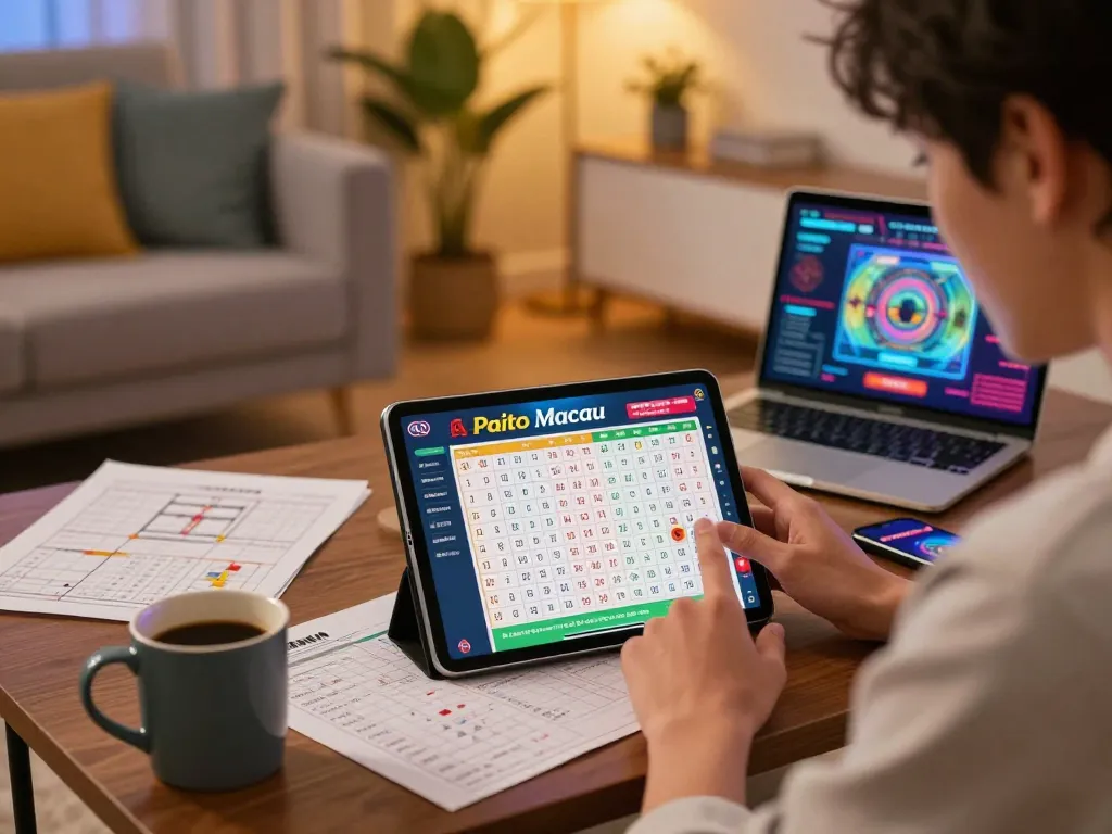 Paito macau betting strategy visualization on tablet in cozy home gaming environment