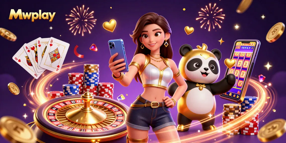 Mwplay casino promotion featuring an Asian woman and golden panda mascot enjoying lively gaming elements and celebrating wins.