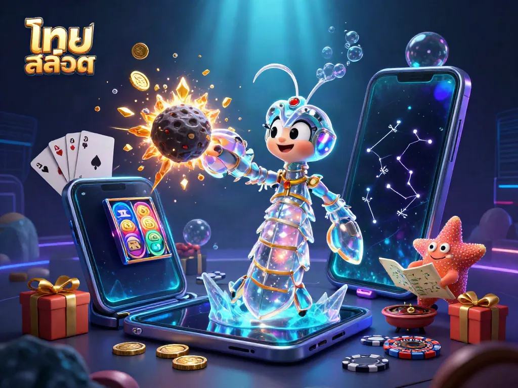 Engage with ไทย สล็อต in a vibrant scene showcasing a galactic samurai and starfish, surrounding a colorful slot game.