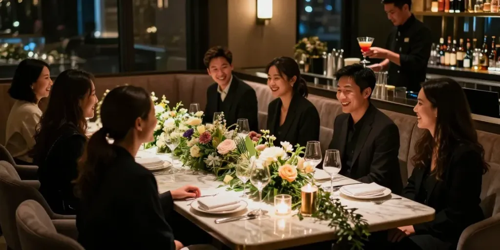 강남 구구단의 독립된 룸에서 즐거운 모임을 갖고 있는 모습