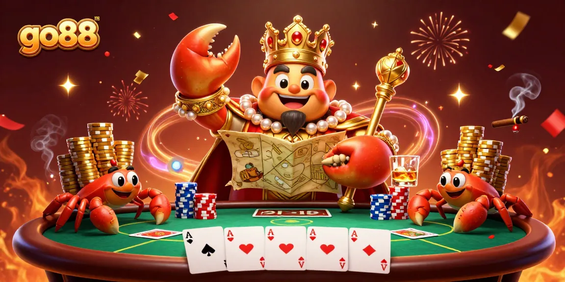 go88 showcases a golden crab emperor amidst vibrant casino elements, emphasizing thrilling gameplay.