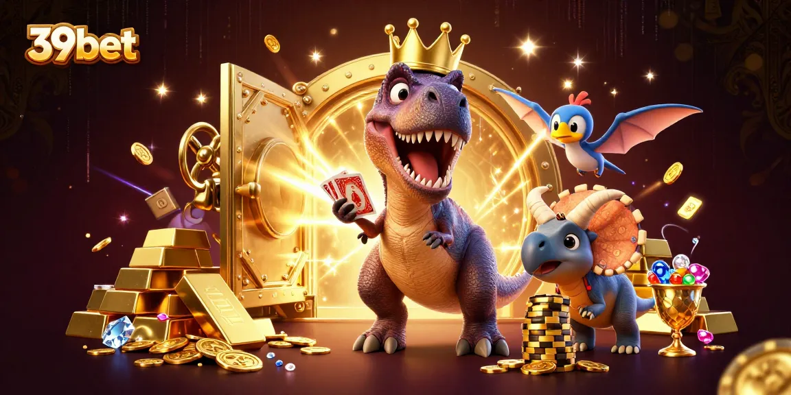 Join the excitement of 39bet with a vibrant online casino scene featuring playful dinosaurs.