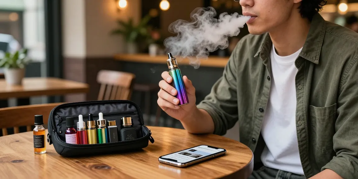 Young adult enjoying an electronic cigarette (電子菸主機) in a stylish café, showcasing modern vaping culture.