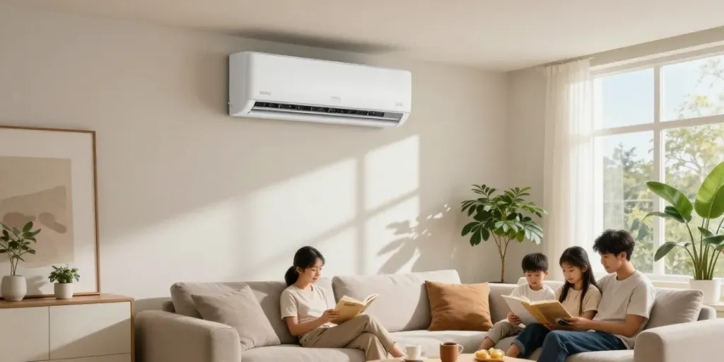 18000 BTU mini split air conditioner in a modern living room with natural light and indoor plants.