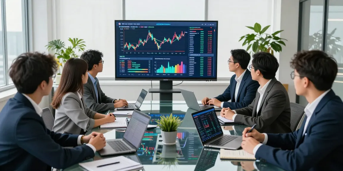 Finance team in a modern conference room discussing Third Eye Capital investment strategies with high-definition charts.