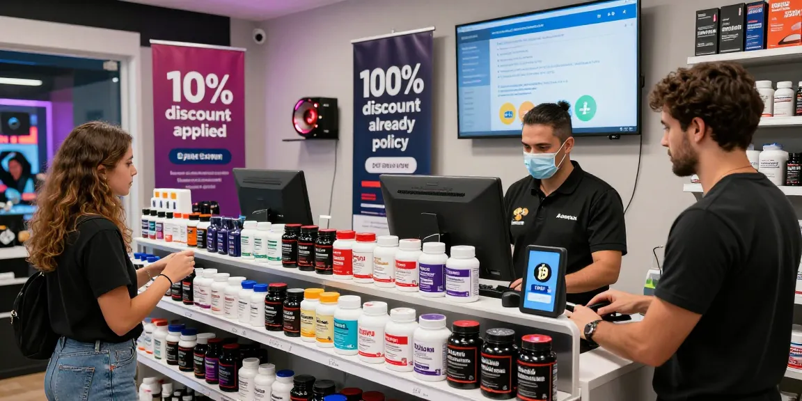 Customer exploring diverse Astera Shop steroids with lab-tested quality displays and 10% discount in an inviting atmosphere.