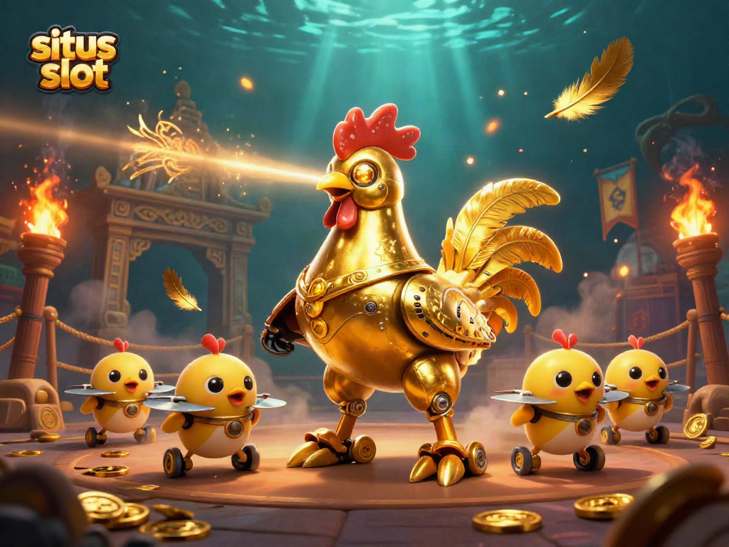 Engage with situs slot at a vibrant retro casino scene featuring a golden rooster robot.