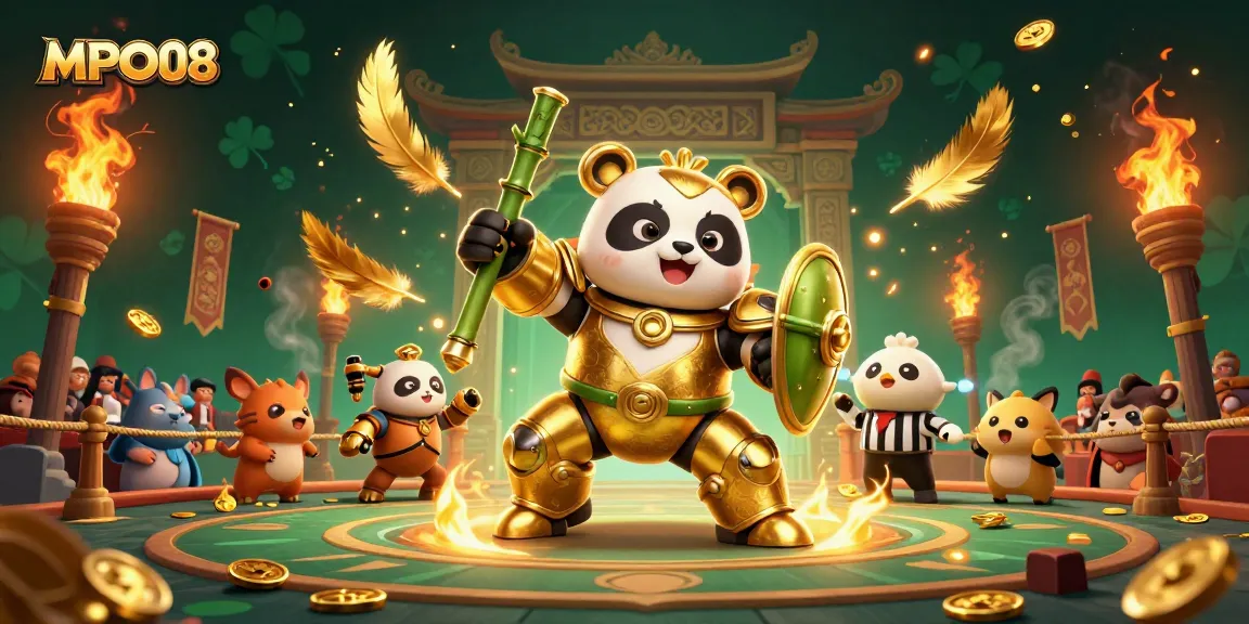 MPO08 showcases a vibrant casino scene featuring a golden panda mech in a fighting robot surrounded by cheering spectators.