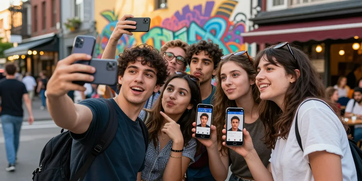 Group of friends using a celebrity look-alike app to see who looks like a celebrity, joyful urban scene.