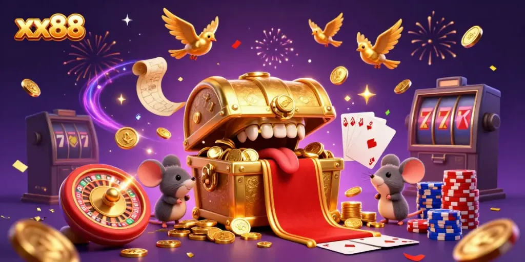 Engaging scene showcasing the xx88 online casino treasure chest inviting adventurers, surrounded by dynamic casino elements.