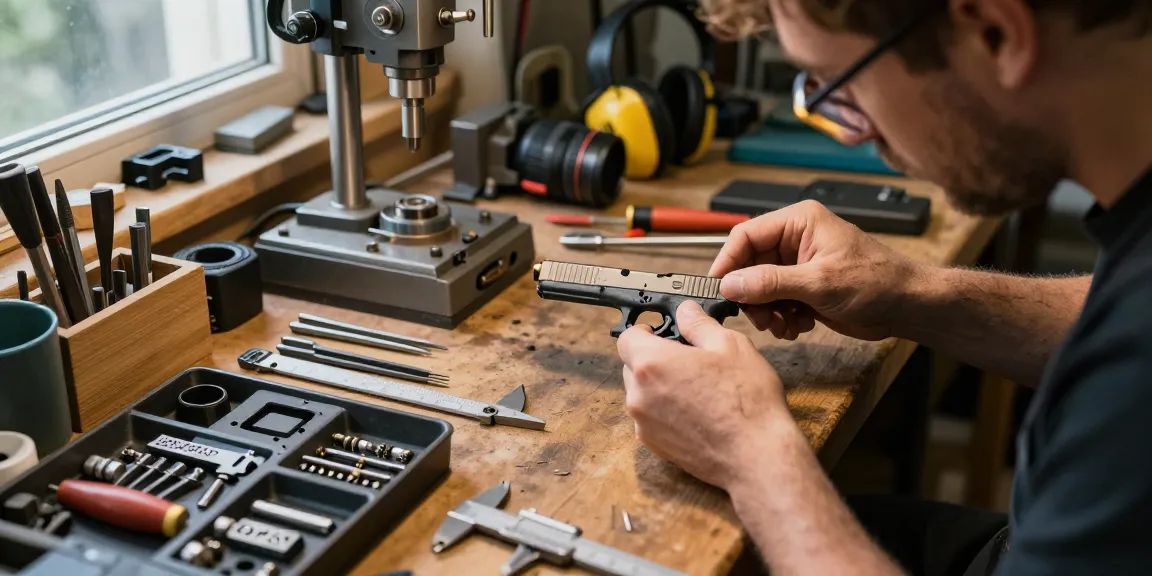 Skilled gunsmith customizing a Glock slide at https://precisionglockslides.com workshop with precision tools and parts.