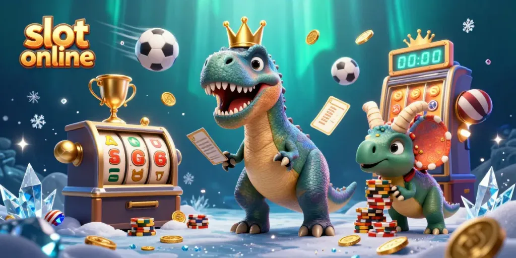Experience thrilling slot online gameplay with a T-Rex shuffling reels and friends stacking chips.