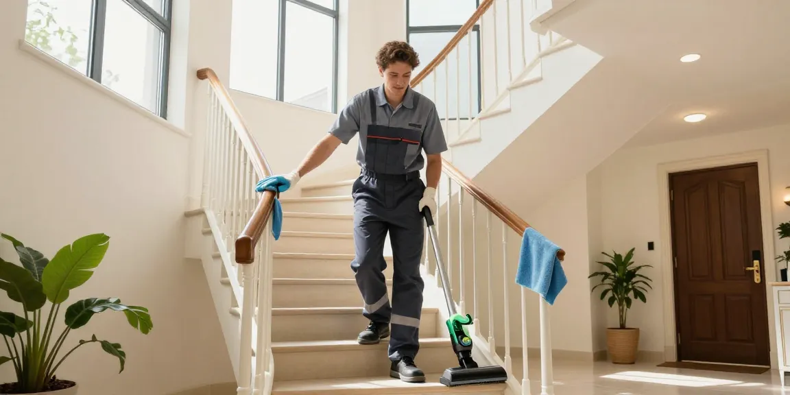 Professionelle Treppenhausreinigung mit umweltfreundlichen Reinigungsmitteln in einem modernen Gebäude