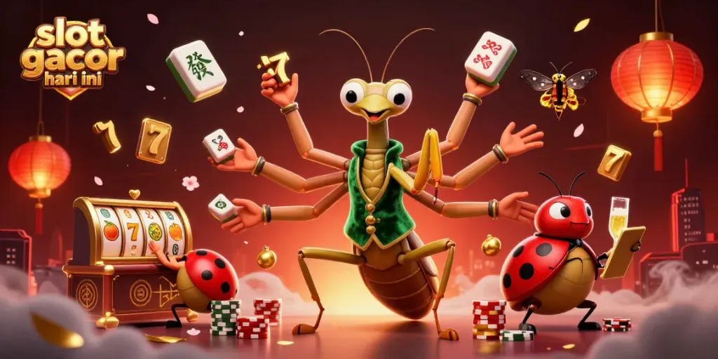 Gambarlah slot gacor hari ini dengan karakter serangga kasino yang beraksi, slot dan koin berkilau.