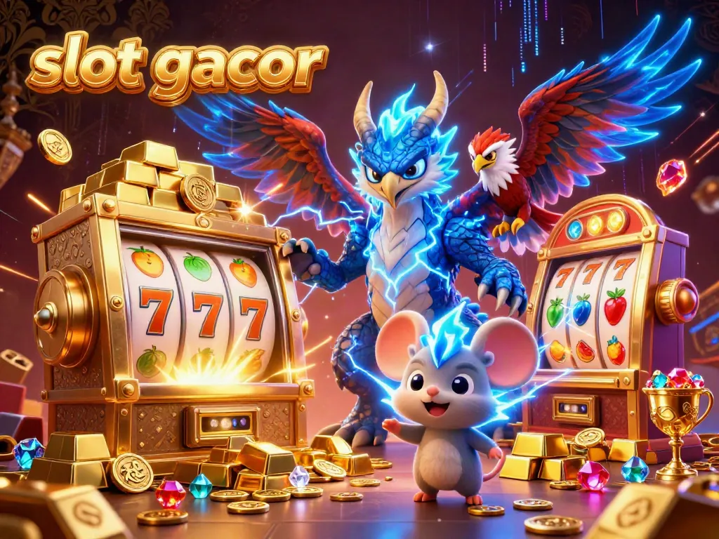 Experience thrilling slot gacor action with dynamic characters and vibrant casino symbols in a rich, colorful illustration.