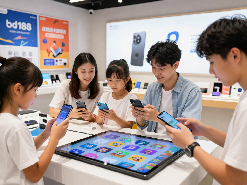 bd188 - mga gumagamit na nagbabrowse ng mga mobile games at apps sa isang modernong digital store.