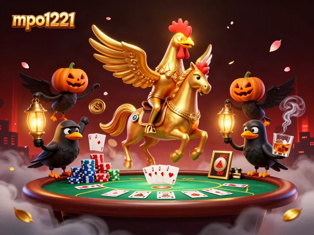 Play poker in style with mpo1221's golden rooster and friends lighting up the casino.
