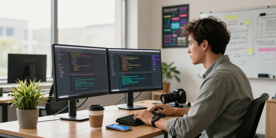 Workspace featuring a focused developer coding on dual monitors, showcasing the 纸飞机中文版 and a productive tech atmosphere, enhanced by natural light.