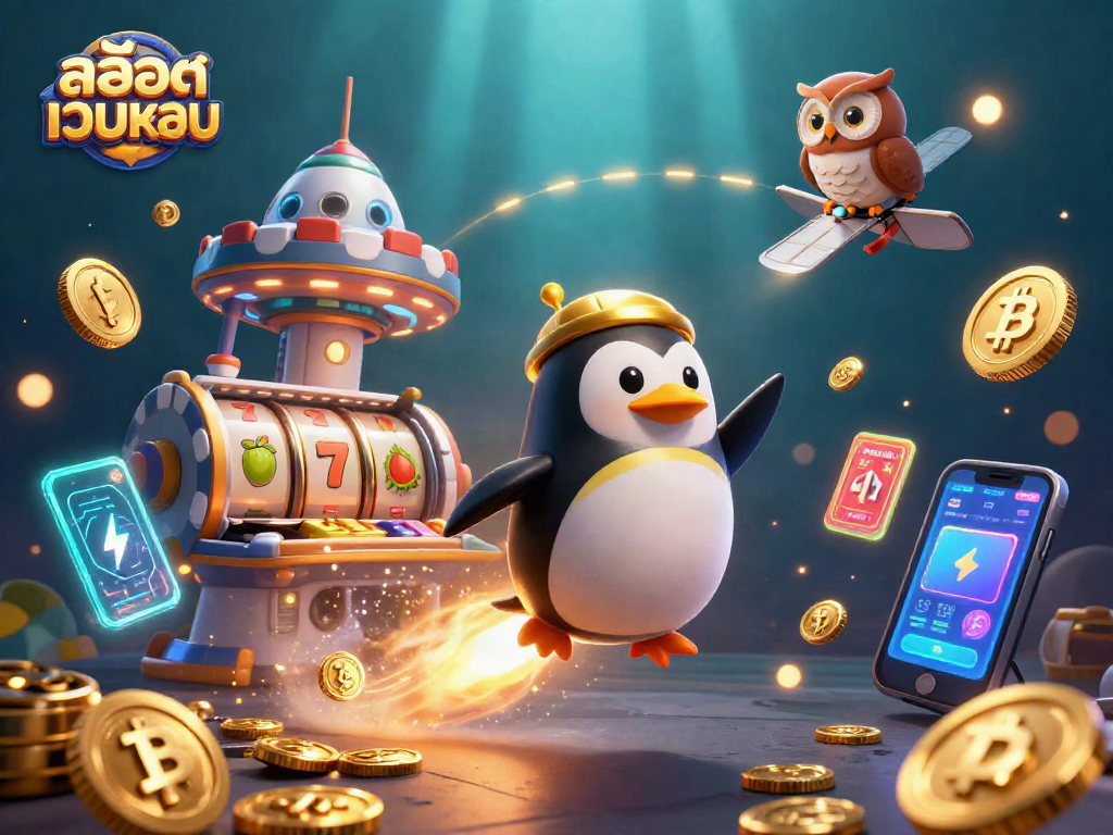 Engage with สล็อตเว็บตรง featuring a golden penguin heading to a dynamic casino space, surrounded by slot reels and crypto coins.