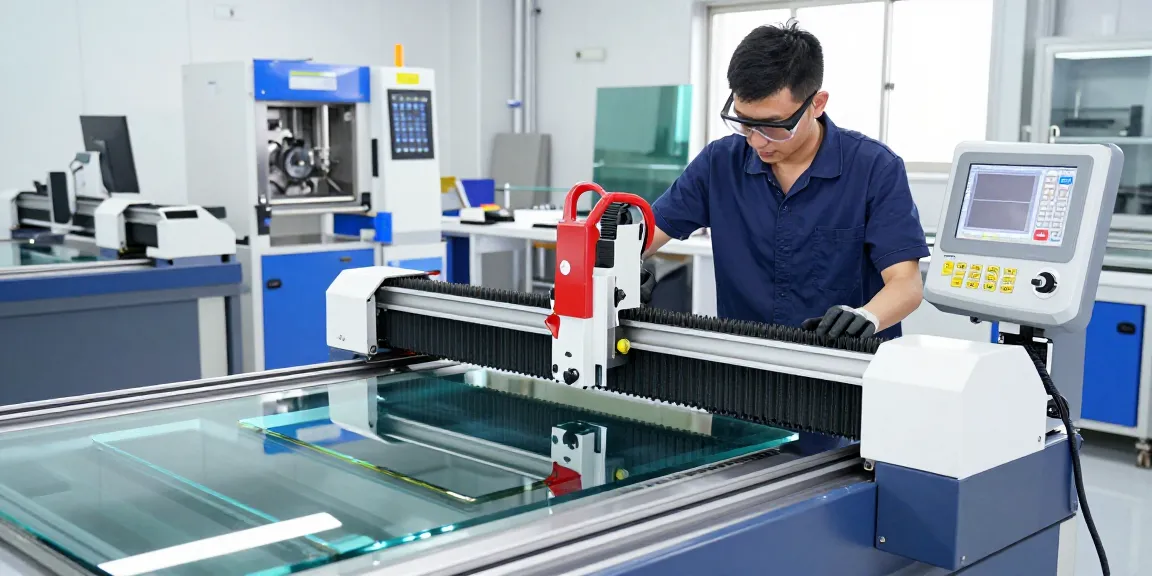 Technician using glass cutting machine cnc in a modern glass processing facility