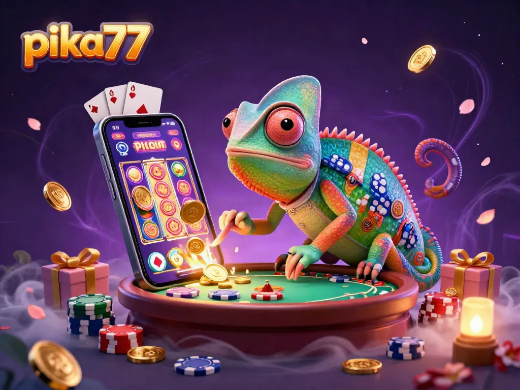 Join the excitement at pika77, where the colorful chameleon casino owner collects golden coins amidst vibrant slot games and poker!
