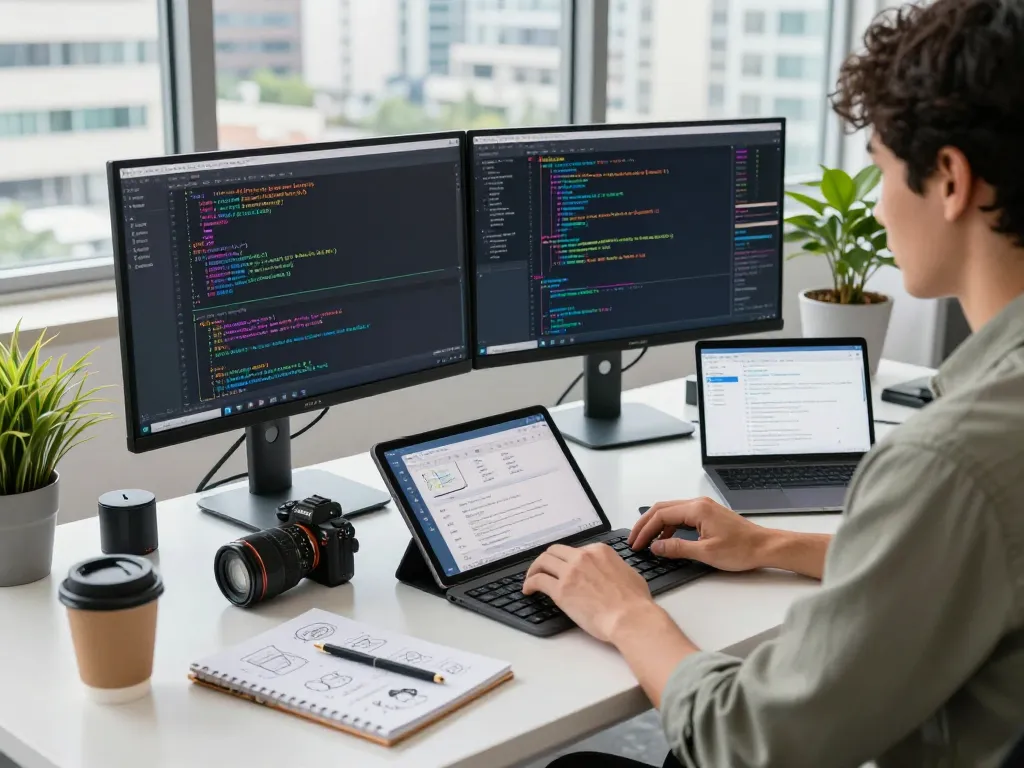 Engaged developer using group buy seo tools in a modern tech workspace with dual monitors and creative environment.
