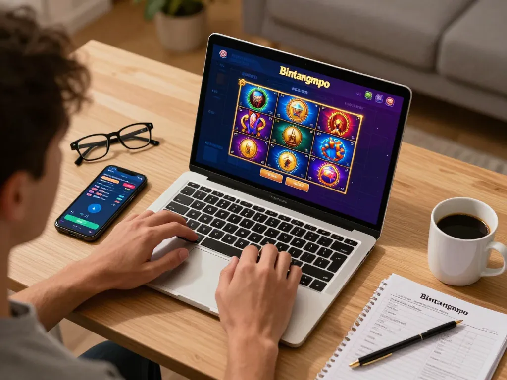 Sesi permainan Bintangmpo online dengan pemain yang terlibat dalam permainan slot di laptop.