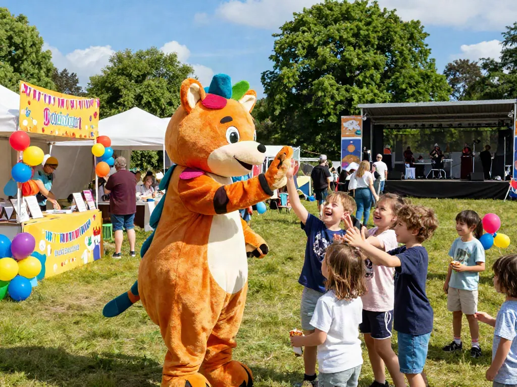 Children interacting with a mascot at a fair, showcasing vibrant mascot costumes uk.