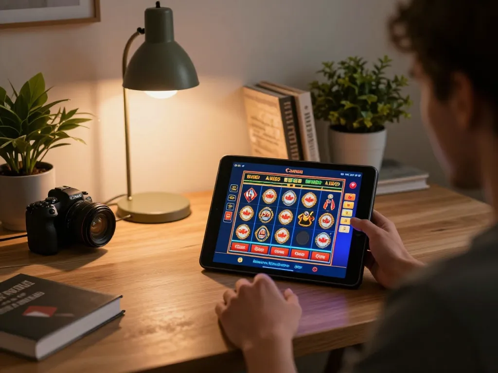 Engaging gameplay at online casinos in Canada on a stylish tablet, showcasing vibrant slot graphics