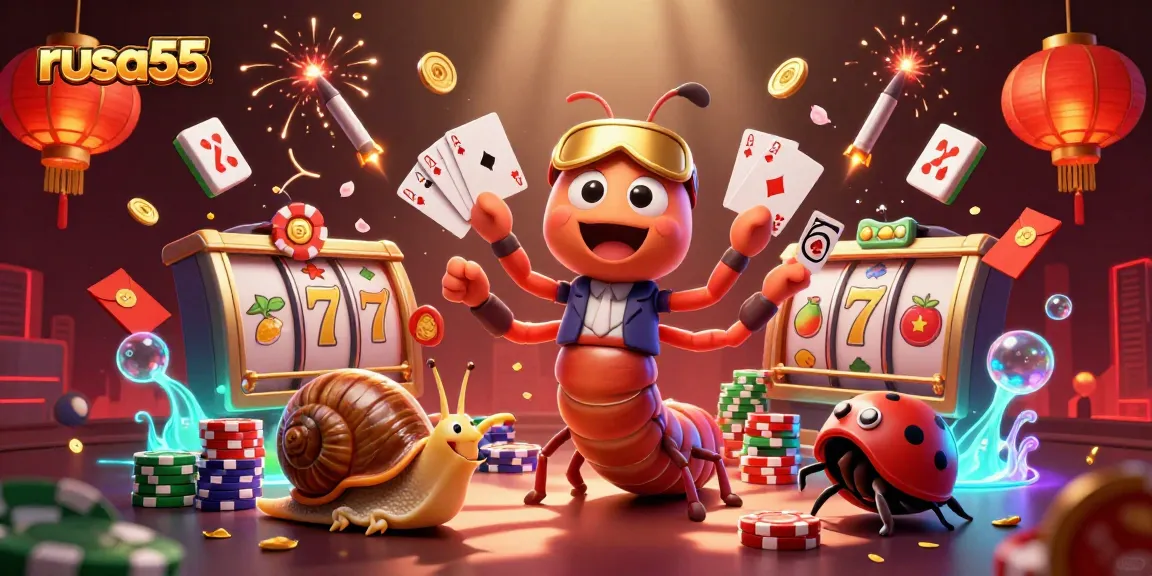 Experience rusa55 excitement as a colorful millipede dealer shares winning cards in a lively casino scene.