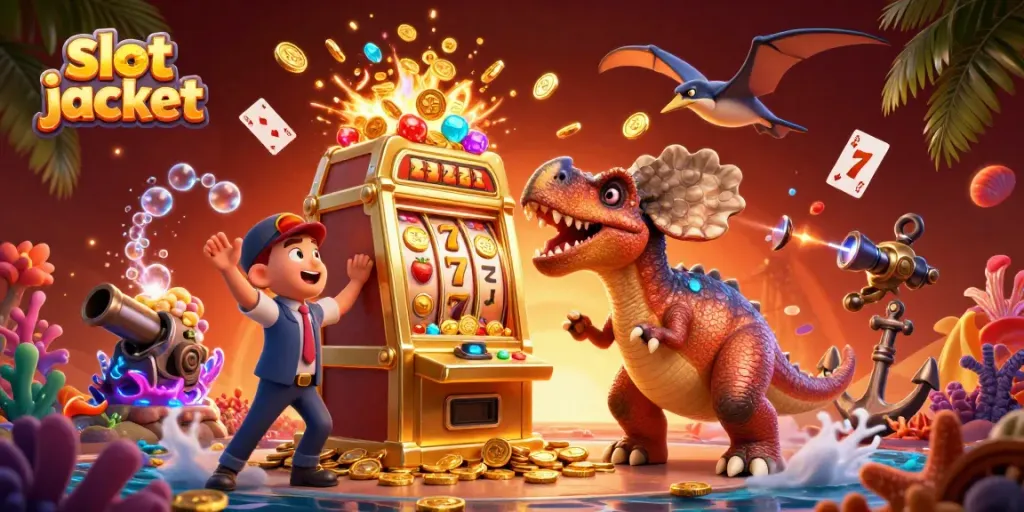 Watch a 3D cartoon pachycephalosaurus celebrate a slot jackpot, surrounded by gold coins and fruit symbols.
