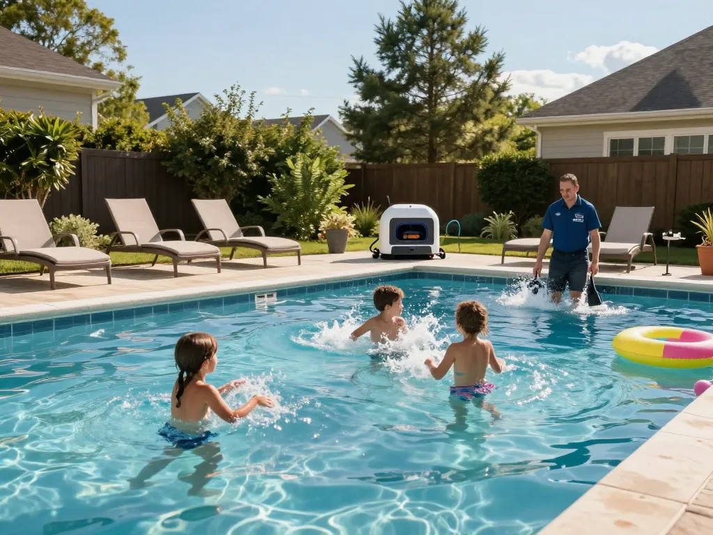 Dolphin Pool Services offering professional maintenance with families enjoying a well-kept pool in Virginia.