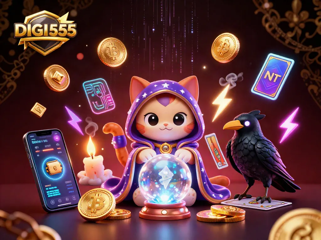 Spin to win with DIGI555: A vibrant casino scene featuring mystical characters and glowing crypto elements.