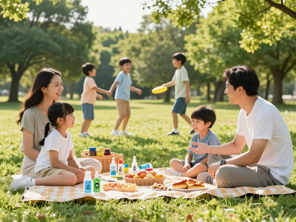 Best Mosquito Repellent showcased on a picnic blanket during a joyful family outdoor gathering.