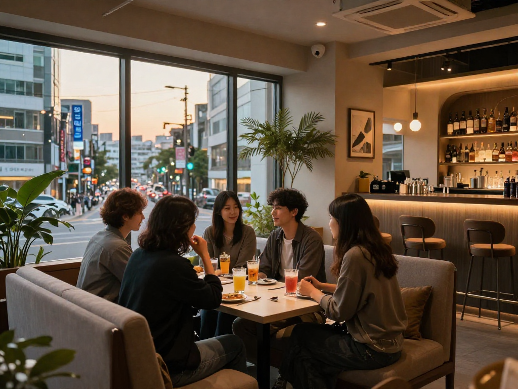 강남 멀리건의 아늑하고 현대적인 분위기 속에서 친구들이 함께 즐거운 시간을 보내고 있는 모습