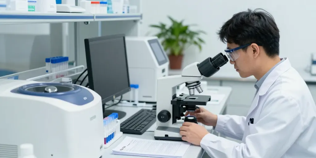Laboratorio de análisis clínicos con técnico realizando pruebas sanguíneas y equipo de diagnóstico.