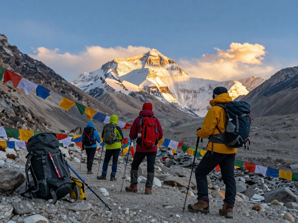 Trekkers at Everest Base Camp enjoying breathtaking views of Mount Everest during sunset.