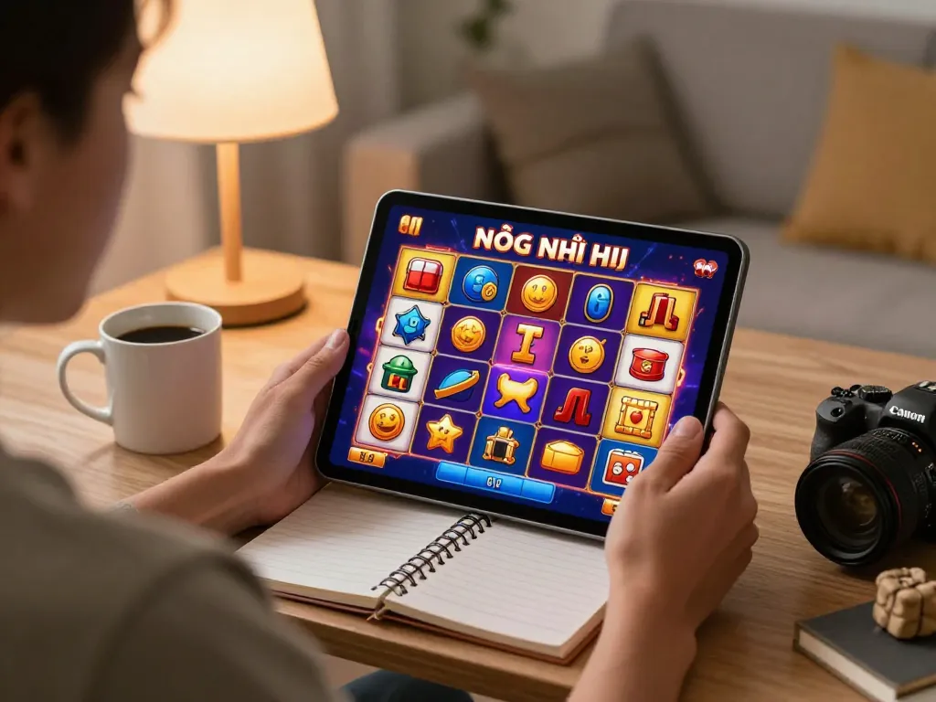 Engaging with the colorful nổ hũ game on a tablet at home, showcasing the thrill of online gambling.