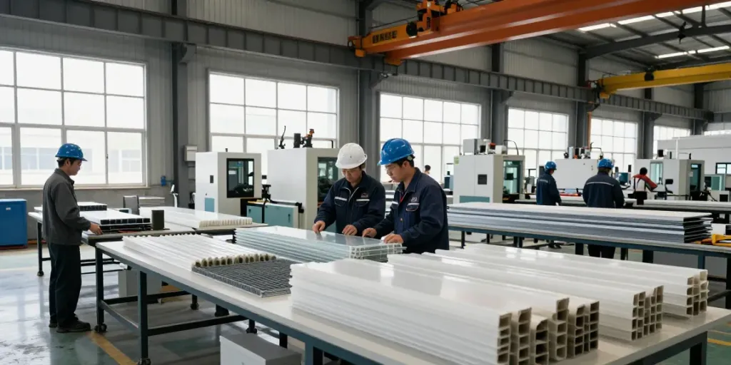 GRP Manufacturer showcasing skilled technicians in a modern factory inspecting glass-reinforced plastic products.