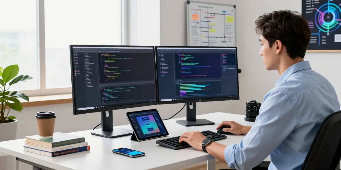 Developer working in a tech workspace showcasing code on dual monitors, representing teiegramin.com's software innovation.