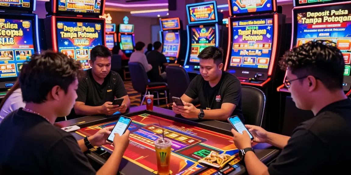 Exciting gaming atmosphere with players using deposit pulsa tanpa potongan at vibrant slot machines.